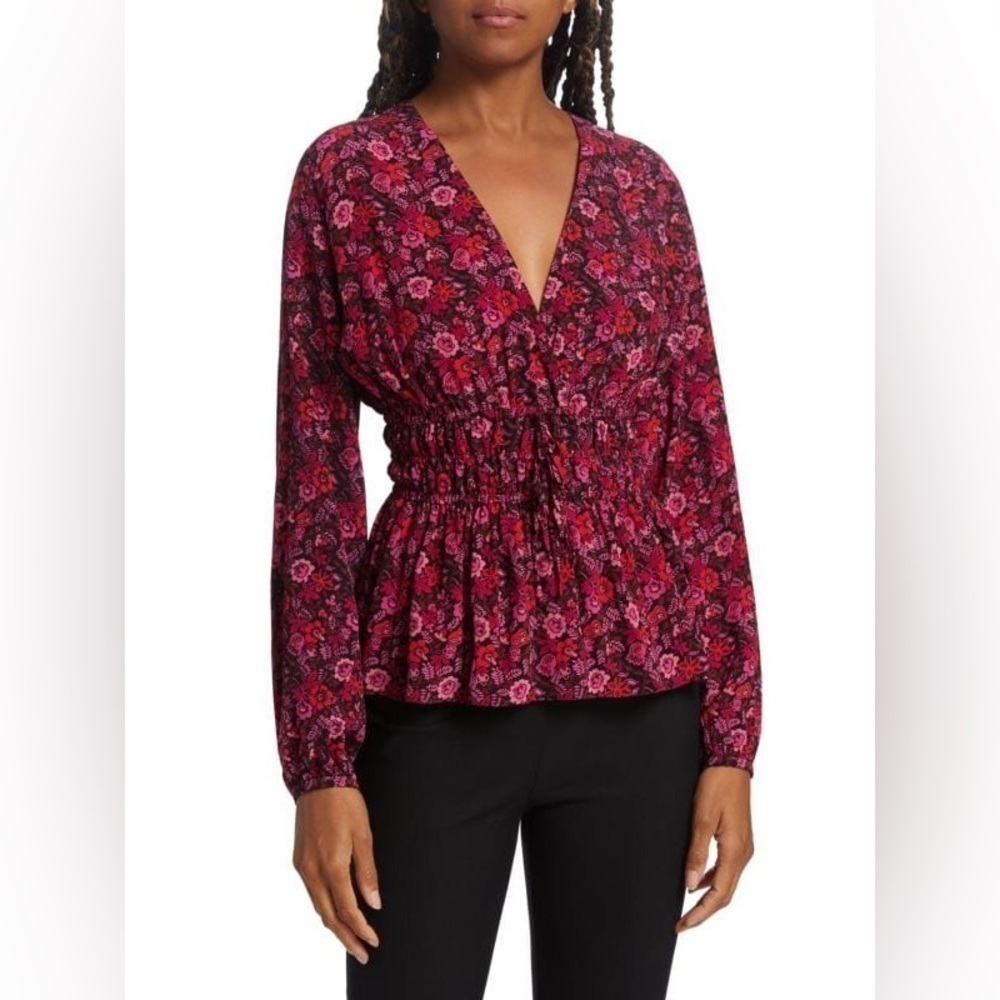 NWT Derek Lam 10 Crosby Lilith Floral V Neck Peplum Blouse Red Pink Sz 4